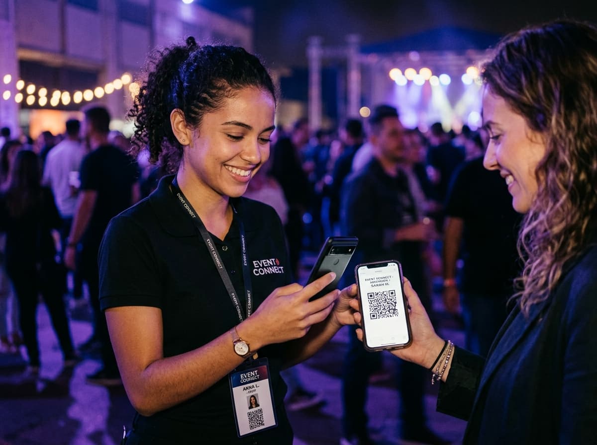Recepcionista escaneando QR code de ingresso na entrada do evento