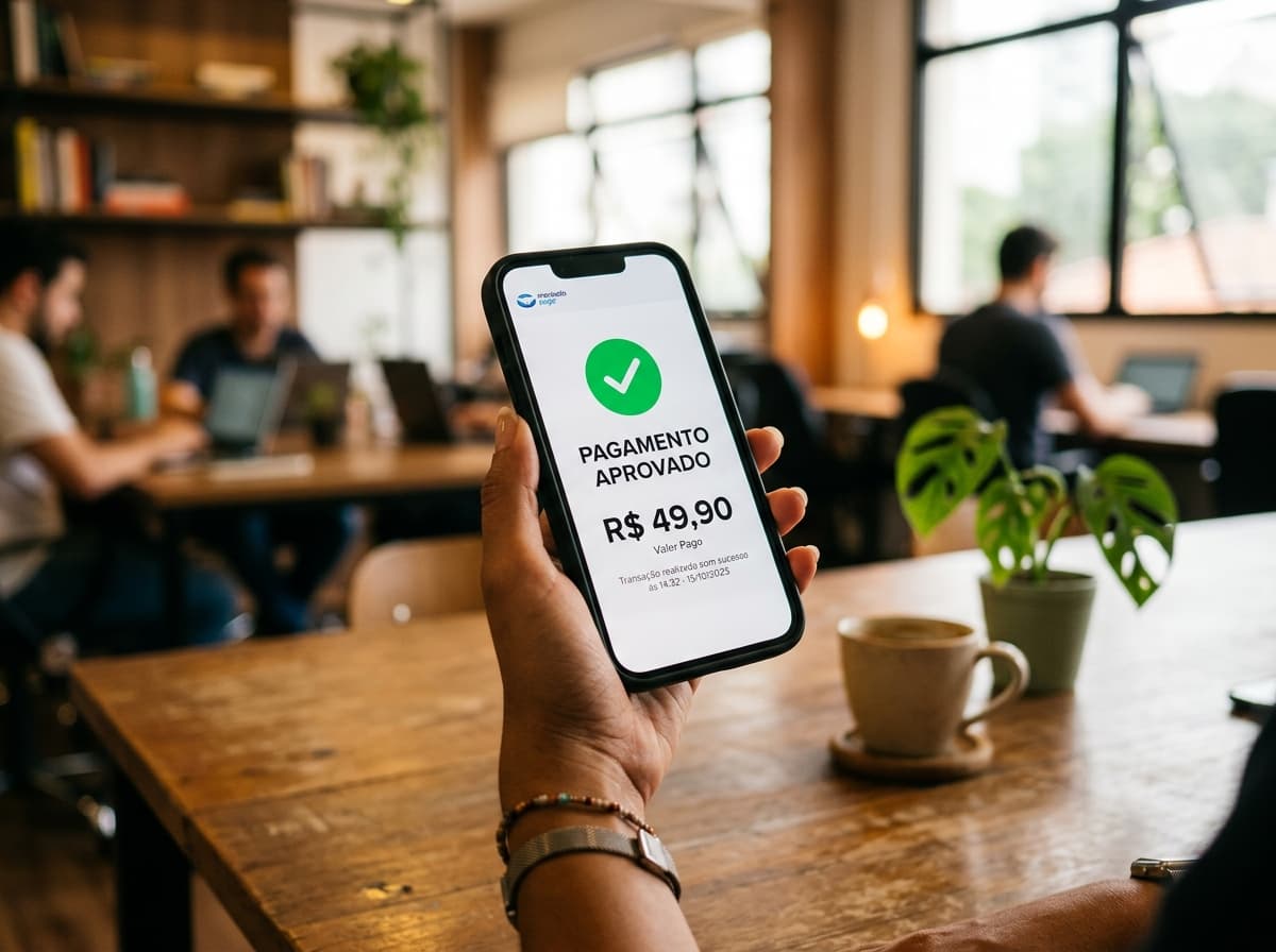 Tela de smartphone mostrando confirmação de pagamento aprovado